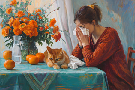Still life in oil paints with a sneezing woman sitting at a table, flowers, oranges and a cat. Concept of different sources of allergies.の素材
