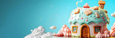Cake in the shape of a fairytale house. The concept of renting and buying your own home on fabulous terms. Copy space.の素材