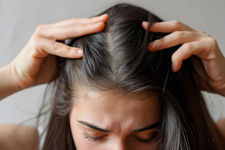 Young girl scratching her head and suffering from itchy scalp and hair loss.の素材