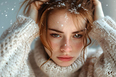 Young girl scratching her head and suffering from itchy scalp and dandruff.の素材