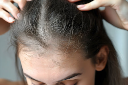 Young girl scratching her head and suffering from itchy scalp and hair loss.の素材