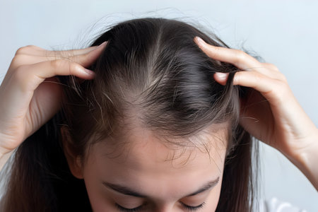 Young girl scratching her head and suffering from itchy scalp and hair loss.の素材