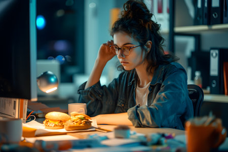 Young woman sitting in the office at night. Concept of overtime, burnout and unhealthy eatingの素材