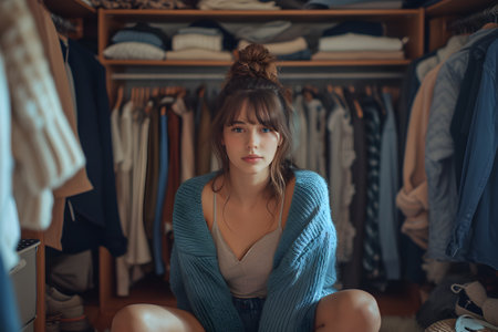 A young girl sits on the floor in the dressing room and rummages through the closet. Concept of the problem of excess consumption, decluttering and spring cleaning of closets.の素材