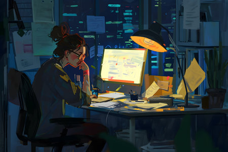 A young woman sits in the office late at night. Concept of deadlines, overwork and burnoutの素材