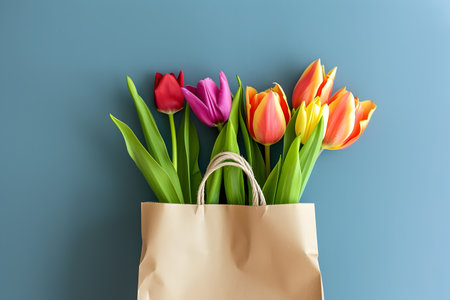 Bouquet of tulips in a gift bag on a blue background. Concept for international women's day, Valentine's day and romantic anniversaries.の素材