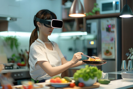 Young Asian woman in VR glasses preparing salad in the kitchen.の素材