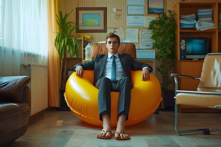 Office worker in flip-flops sits in an inflatable ring waiting for a vacation.の素材