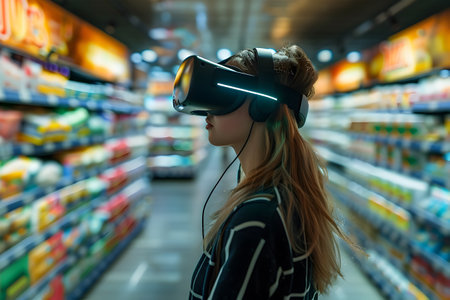A teenage girl in a supermarket wearing VR glasses. Children and modern technology concept.の素材