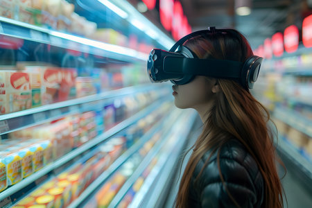 A young woman in a supermarket wearing VR glasses. VR and modern technology concept.の素材
