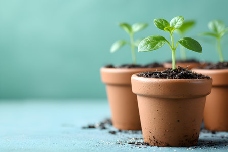 Pots with seedlings on a light green background, concept of agriculture, growing on a windowsill. Copy space.の素材