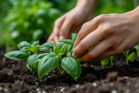 Female hands growing basil in a garden bed.の素材