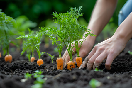 Female hands growing carrots in a garden bed.の素材