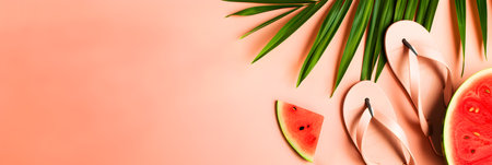 Summer tropical background with palm leaves, watermelon and flip-flops on pink background. Banner, copy space.の写真素材