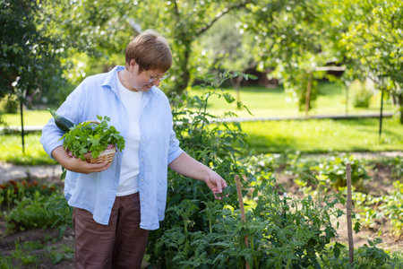Senior woman is gardening on beautiful sunny dayの写真素材