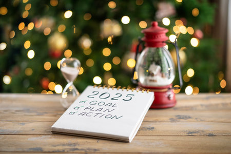 Notepad with plans for the next year and the inscription - 2025 goal, plan, actionの写真素材
