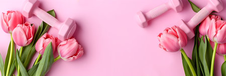 Pink tulips and dumbbells on a soft pink background. Concept of sport, fitness, Womens Day and Valentines Day. Copy space. Banner.の素材
