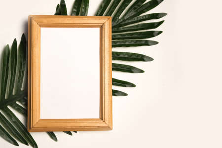 Tropical stationery mock-up scene. Wooden frame and green palm leaf isolated on white background. Tropic styled photo. Flat lay, top view.の写真素材