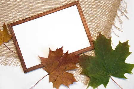 Top view flat lay autumn composition. Blank brown frame, maple leaves and sackcloth on white...
