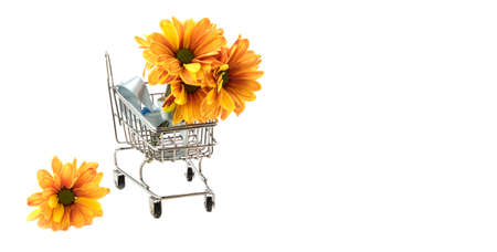 Bouquet of yellow chrysanthemum flowers in small shopping trolley isolated on white background, copy space for text. Flower delivery and greeting in shop concept. Copy space.の写真素材