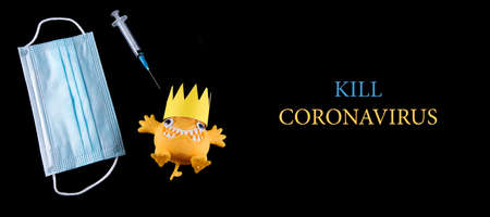 Kill coronavirus concept. Covid-19 cartoon image, face mask and injector isolated on black...