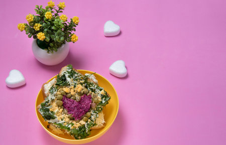 Sandwiches with edible hearts on pink background. Food art idea for Valentine day, birthday, mother's day. Copyspace for textの写真素材