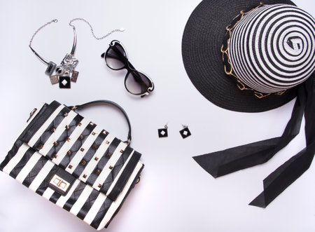 Striped women's hat, glasses, earring, necklace, black and white purse with stripes on white...