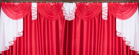 Banner with red and white color pelmet and curtains (portiere), silk texture with folds, cloth backgroundの写真素材