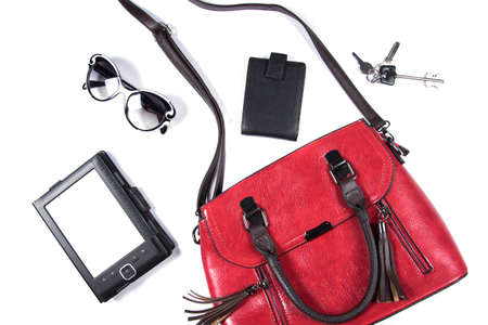 Flat lay female accessories collage, laptop mockup, black women's handbag, sunglasses, cardholder,...