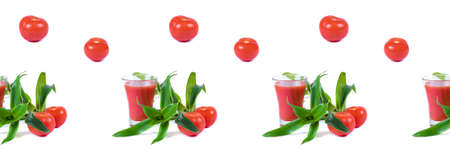 Banner with tomato juice in glass, greens, two tomatoes isolated on white background. Seamless patternの写真素材