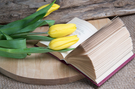 Three yellow tulips and old book on wooden background, bouquet of tulip flowersの写真素材