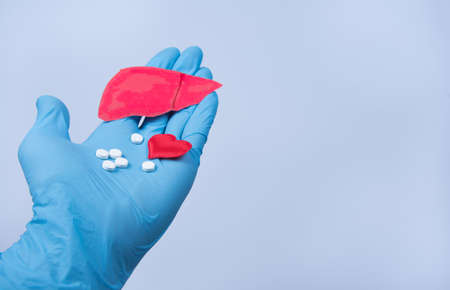 Doctor's hand holds red liver symbol and white pills. World Hepatitis Day, World Liver Day, Cancer of the liver, Hepatitis, Hepatitis C, virusの写真素材