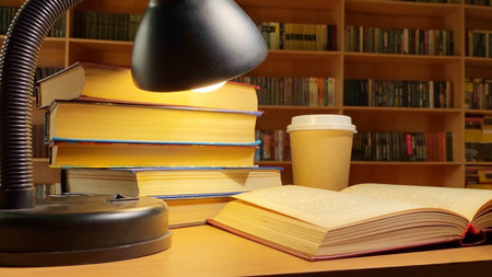 Books, coffee and lamp rotating on desk in library, book shelves in dark roomの写真素材