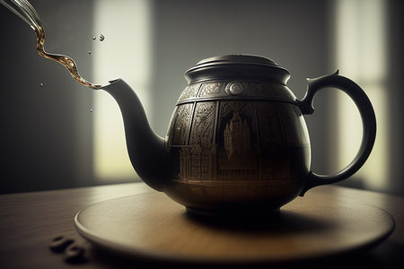 Metal teapot of hot aromatic tea on wooden table. Tea pot with black tea on dark background. Generative AIの素材
