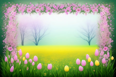 Spring floral background. Beautiful meadow field with flowers in nature. Spring perfect natural landscape. Generative AIの素材