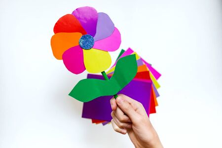 step by step instructions flower. How to make a flower at home from colored paper. Step 8. Easy creativity for children 3-7 years old. DIY art project for children. step-by-step instructions flowerの写真素材