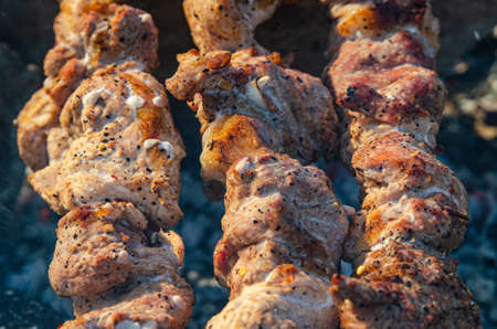 The meat is fried over an open fire. Shish kebab on skewersの写真素材