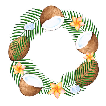 Watercolor coconut tropical crown framed illustration with palm leaf, flower of plumeria and a slice of coconutの写真素材