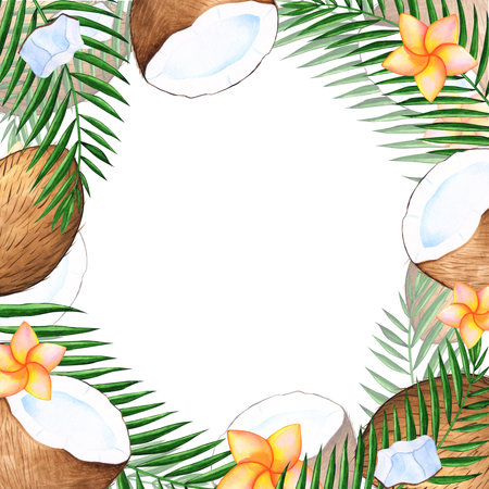 Watercolor coconut tropical framed illustration with palm leaf, flower of plumeria and a slice of coconutの写真素材