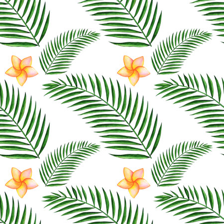 Watercolor seamless pattern with tropical leaves and flowers on white backgroundの写真素材