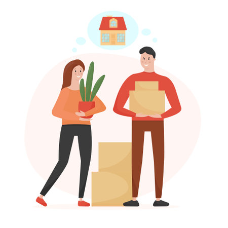 Young family couple are dreaming, planning and preparing to move to a new house. Man holding cardboard box with household stuff, woman holding home plant. Flat cartoon vector style conceptのイラスト素材