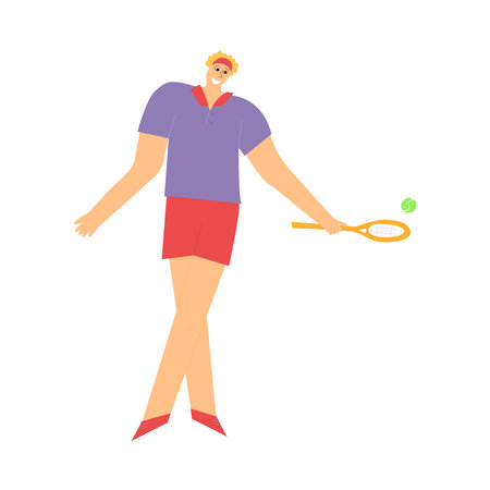 Happy tennis player hitting a ball with racket. Cartoon flat vector character. Young guy playing tennisのイラスト素材