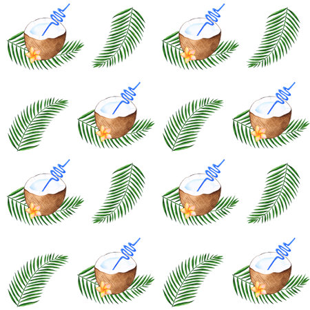 Tropical seamless pattern with coconut coctail, tropical flowers and palm leaves on white background. Hand drawn watercolor illustration.の写真素材