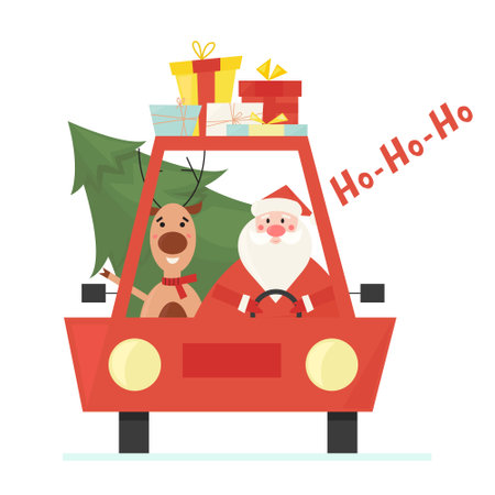 Cute Santa Claus with his deer driving a car delivering christmas tree and presents. Flat vector illustration for design, greeting cardsのイラスト素材