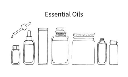 Essential oils bottles set of vector hand drawn doodle isolated elements for design. Cosmetic vial, flacon, flask for oil and herbsのイラスト素材