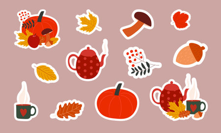 Autumn cute and cozy sticker pack with hot tea, mushrooms, pumpkin, acorn and autumn leaves. Vector flat illustrationのイラスト素材