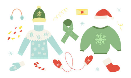 Winter outdoor clothes set with knitted sweaters, hats and mittens. Flat vector illustration in cartoon styleのイラスト素材