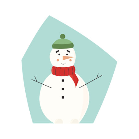 Cute white snowman wearing knitted scarf and hat and smiling. Vector flat illustration isolated on white background. Ready for greeting cards, printのイラスト素材