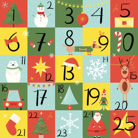 Christmas advent december calendar with numbers and cute winter characters. Vector flat illustrationのイラスト素材