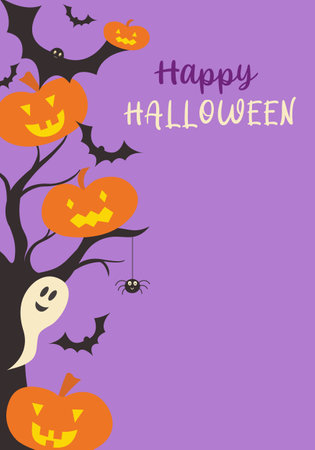 Happy Halloween greeting card or invitation to a party with cute halloween characters like ghost, jack-o-lantern and batのイラスト素材